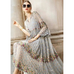 Boutique Grey V Neck Embroideried Lace Tulle Dresses Two Pieces Set Spring
