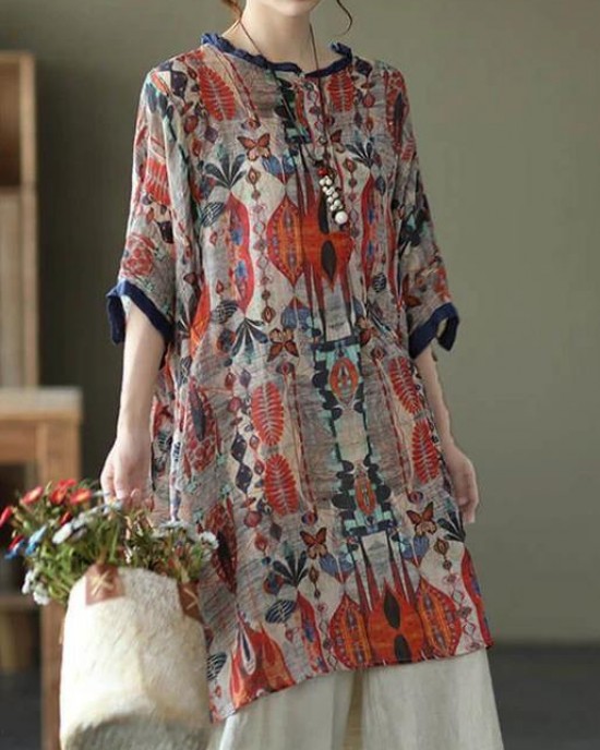 Plus Size-Red Ramie Floral Vintage Women Print Casual Shirt Plus Size-Red Ramie Floral Vintage Women Print Casual Shirt