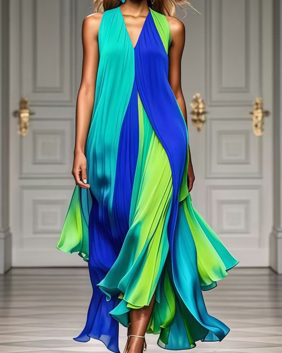 Modern Colorblock V Neck Patchwork Exra Large Hem Chiffon Beach Dress Summer Modern Colorblock V Neck Patchwork Exra Large Hem Chiffon Beach Dress Summer