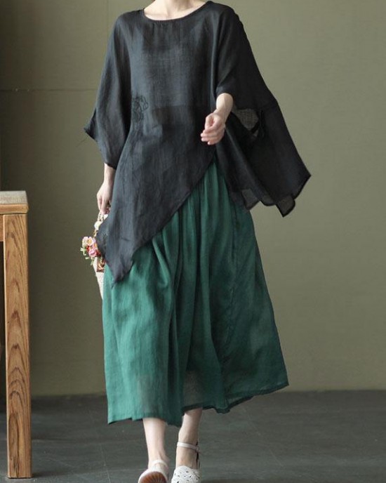 Art Black Asymmetrical Design Embroideried Summer Ramie Shirt Tops Art Black Asymmetrical Design Embroideried Summer Ramie Shirt Tops