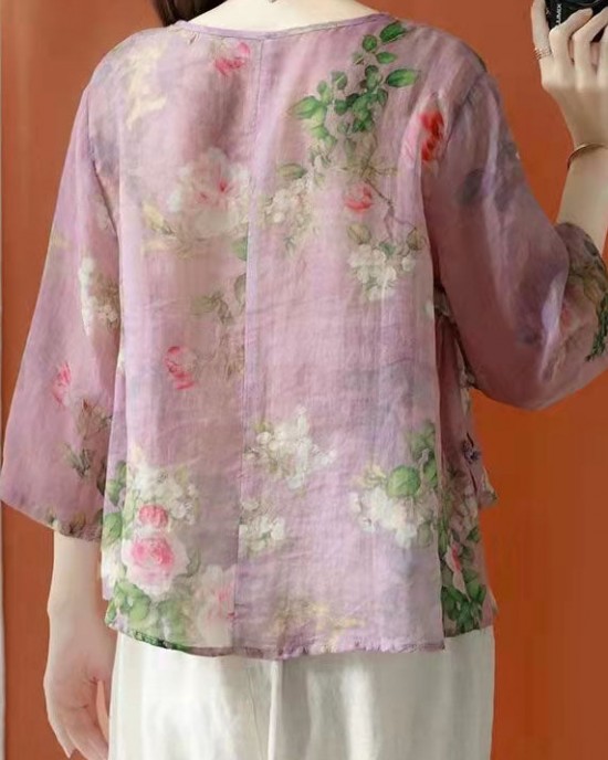 Beautiful Purple Asymmetrical Print cotton blend Blouses Half Sleeve