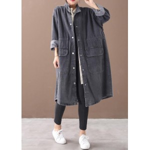 Simple stand collar drawstring Fashion tunic coat denim black Midi women coats
