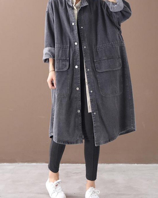 Simple stand collar drawstring Fashion tunic coat denim black Midi women coats Simple stand collar drawstring Fashion tunic coat denim black Midi women coats