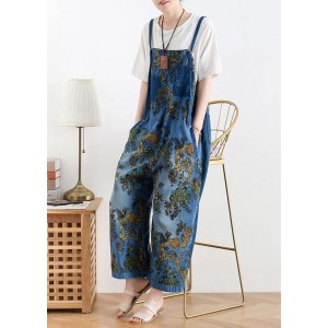 Spring original literary fashion retro ethnic style blue printed loose denim overalls
