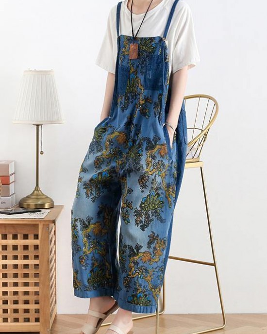 Spring original literary fashion retro ethnic style blue printed loose denim overalls Spring original literary fashion retro ethnic style blue printed loose denim overalls
