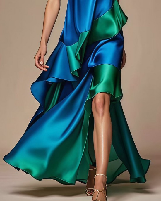 Italian Royal Blue Asymmetrical Patchwork Silk Dress Summer Italian Royal Blue Asymmetrical Patchwork Silk Dress Summer