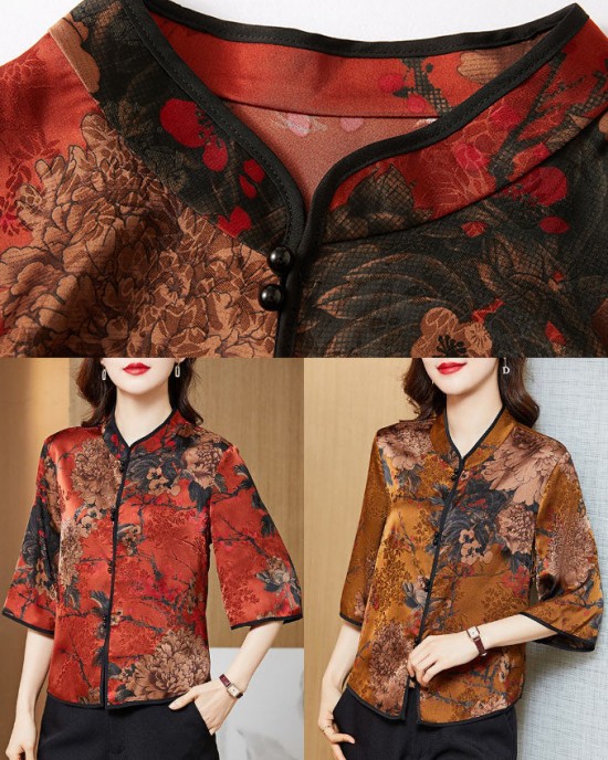 Vintage Red Mandarin Collar Print Silk Shirt Tops Half Sleeve Vintage Red Mandarin Collar Print Silk Shirt Tops Half Sleeve