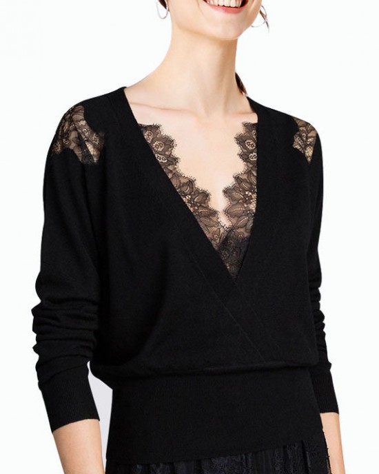 Women Black V Neck Lace Patchwork Hollow Out Wool Knitted Tops Winter Women Black V Neck Lace Patchwork Hollow Out Wool Knitted Tops Winter