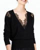 Women Black V Neck Lace Patchwork Hollow Out Wool Knitted Tops Winter Women Black V Neck Lace Patchwork Hollow Out Wool Knitted Tops Winter