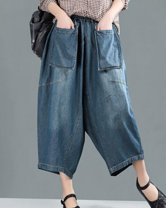 Women Spring Casual Big Pockets Solid Loose Jeans Women Spring Casual Big Pockets Solid Loose Jeans