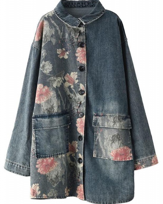 Classy Big Flower Print Patchwork Blouse Tops Denim Jacket Classy Big Flower Print Patchwork Blouse Tops Denim Jacket