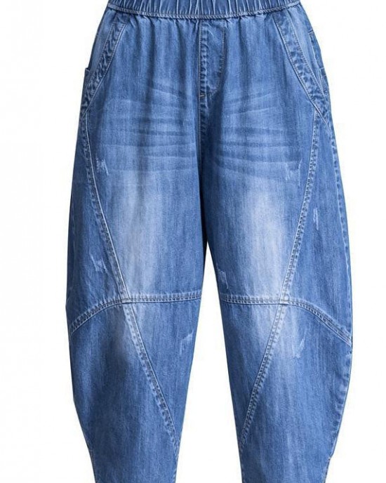Plus Size Blue Pockets Patchwork lantern Fall Denim Pants Plus Size Blue Pockets Patchwork lantern Fall Denim Pants