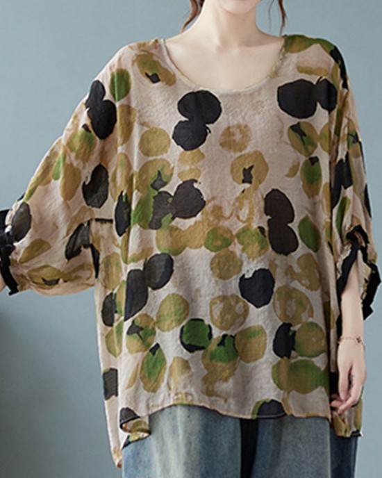 Plus Size Green O-Neck Dot Half Sleeve Shirts Plus Size Green O-Neck Dot Half Sleeve Shirts