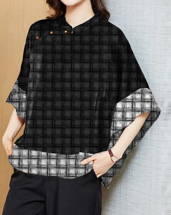 Vintage Black Mandarin Collar Asymmetrical Patchwork Jacquard Silk Shirts Batwing Sleeve Vintage Black Mandarin Collar Asymmetrical Patchwork Jacquard Silk Shirts Batwing Sleeve