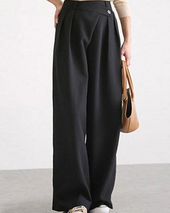 Women Casual Work Cross Button Design Wide Leg Pants Women Casual Work Cross Button Design Wide Leg Pants