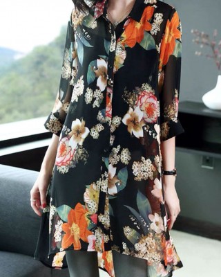 Black Print Silk Long Blouse Tops Peter Pan Collar Button Half Sleeve