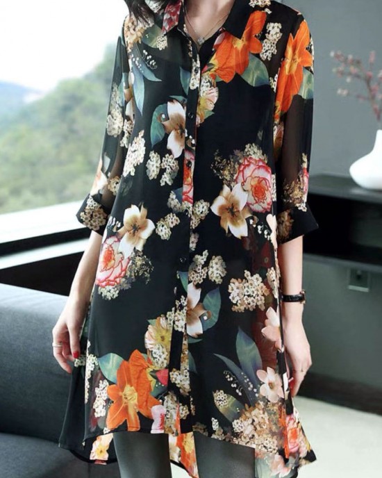 Black Print Silk Long Blouse Tops Peter Pan Collar Button Half Sleeve Black Print Silk Long Blouse Tops Peter Pan Collar Button Half Sleeve
