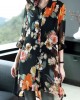 Black Print Silk Long Blouse Tops Peter Pan Collar Button Half Sleeve Black Print Silk Long Blouse Tops Peter Pan Collar Button Half Sleeve