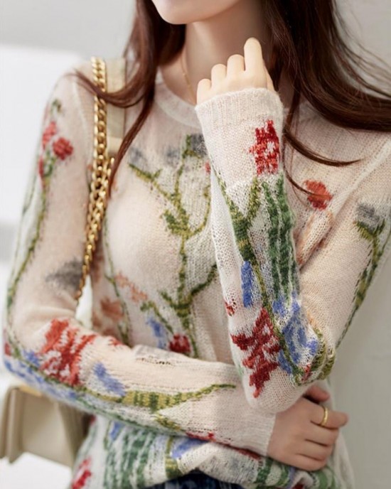 French O-Neck Floral Hollow Out Knit Sweaters Spring French O-Neck Floral Hollow Out Knit Sweaters Spring
