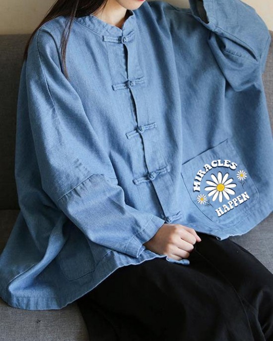 Loose stand collar Chinese Button clothes For Women Sleeve denim light blue shirts Loose stand collar Chinese Button clothes For Women Sleeve denim light blue shirts