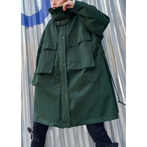 Art stand collar pockets fine clothes For Women army green Knee jackets