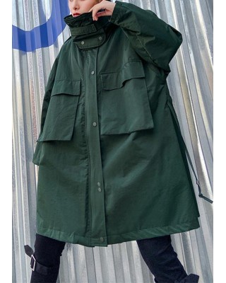 Art stand collar pockets fine clothes For Women army green Knee jackets