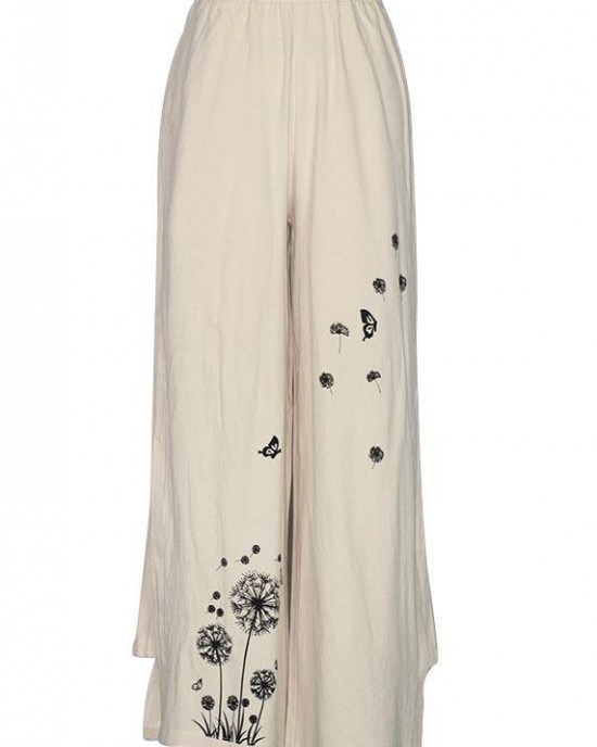 Handmade Khaki Print Dandelion Wide Leg Pants Summer Cotton Linen Handmade Khaki Print Dandelion Wide Leg Pants Summer Cotton Linen