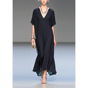 Italian Black V Neck Draping Chiffon Long Dress Summer
