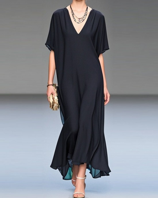 Italian Black V Neck Draping Chiffon Long Dress Summer Italian Black V Neck Draping Chiffon Long Dress Summer