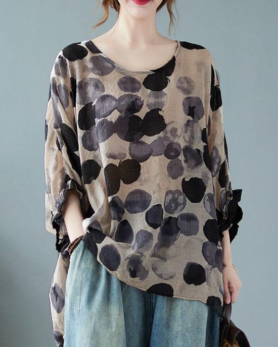 Loose Blue Dotted Batwing Sleeve Cotton Linen Tee Loose Blue Dotted Batwing Sleeve Cotton Linen Tee