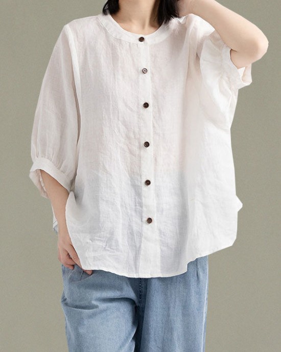Art Red O-Neck Button Linen Loose Shirt Top Lantern Sleeve