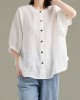 Art Red O-Neck Button Linen Loose Shirt Top Lantern Sleeve