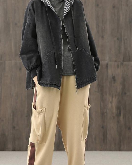 Chic denim black clothes hooded pockets baggy blouse Chic denim black clothes hooded pockets baggy blouse