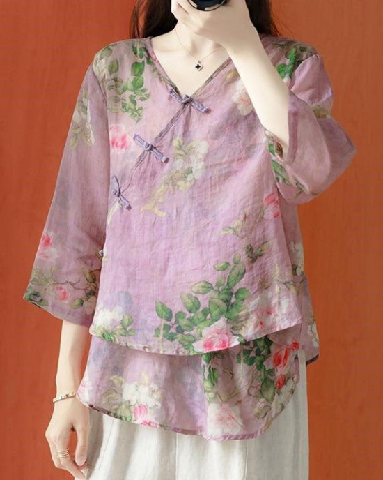 Beautiful Purple Asymmetrical Print cotton blend Blouses Half Sleeve