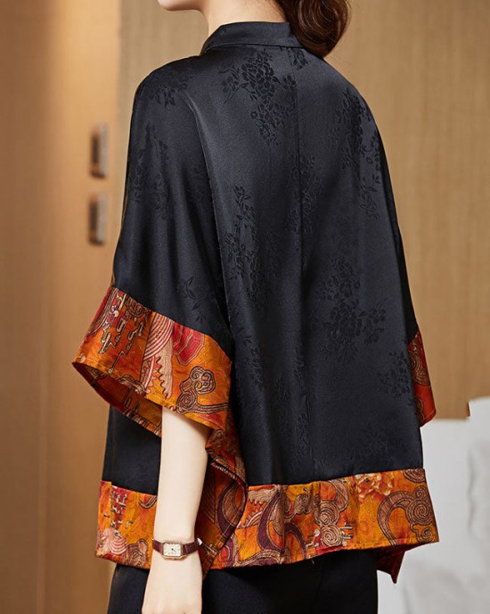 Vintage Black Mandarin Collar Asymmetrical Patchwork Jacquard Silk Shirts Batwing Sleeve Vintage Black Mandarin Collar Asymmetrical Patchwork Jacquard Silk Shirts Batwing Sleeve