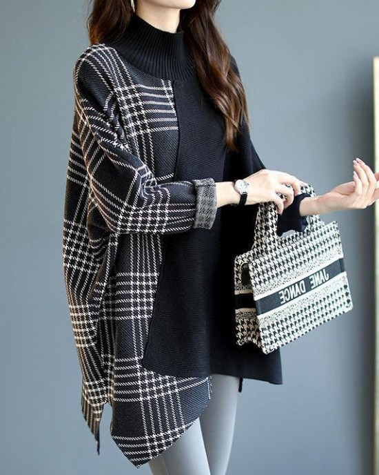 Italian Black asymmetrical design Patchwork Plaid Fall Knit sweaters Italian Black asymmetrical design Patchwork Plaid Fall Knit sweaters