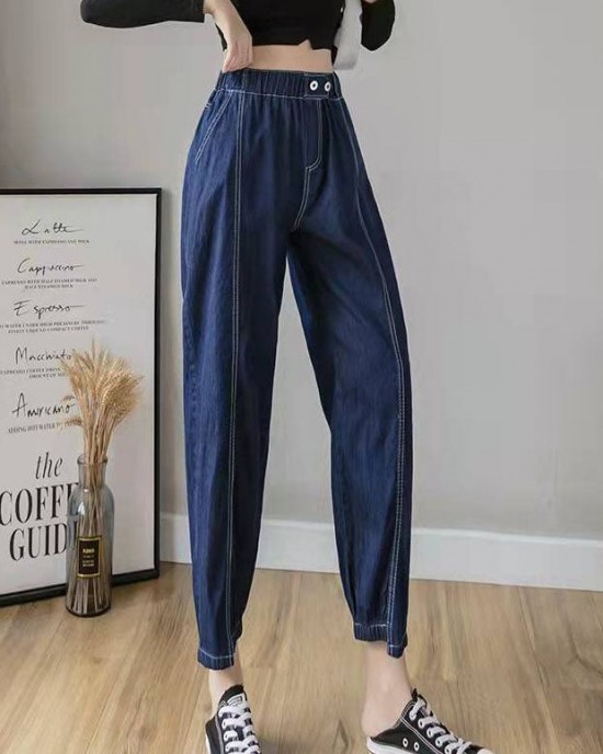 Italian Spring Casual Pants Stylish Denim Blue Photography Elastic Waist Patchwork Women Pants Italian Spring Casual Pants Stylish Denim Blue Photography Elastic Waist Patchwork Women Pants