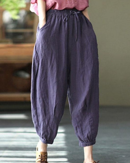 Simple Yellow Retro High Waist Pockets Summer Pants Linen Simple Yellow Retro High Waist Pockets Summer Pants Linen