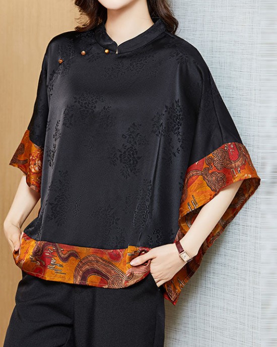Vintage Black Mandarin Collar Asymmetrical Patchwork Jacquard Silk Shirts Batwing Sleeve Vintage Black Mandarin Collar Asymmetrical Patchwork Jacquard Silk Shirts Batwing Sleeve