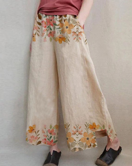 Handmade Khaki Print Dandelion Wide Leg Pants Summer Cotton Linen Handmade Khaki Print Dandelion Wide Leg Pants Summer Cotton Linen