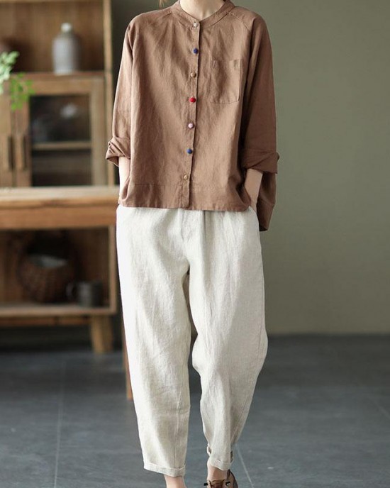Handmade Khaki Retro O-Neck Button Fall Top Long Sleeve Handmade Khaki Retro O-Neck Button Fall Top Long Sleeve