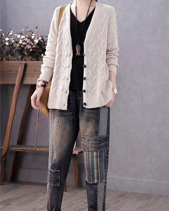 Art Blue V Neck Button Casual Fall Knit Sweater Coat