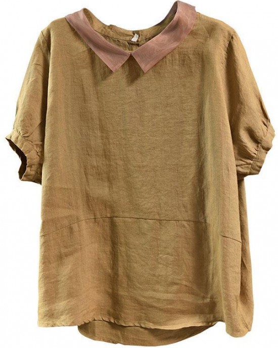 Bohemian Khaki Patchwork Turn-down Collar Summer Short Sleeve Top Bohemian Khaki Patchwork Turn-down Collar Summer Short Sleeve Top
