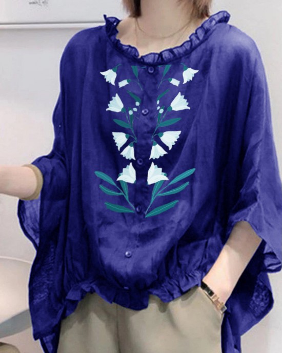 Art Navy Tops Ruffles Trim Half Sleeve Shirts Blouse Plus Size