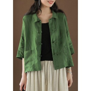 Beautiful Green Peter Pan Collar Pockets Summer Linen top