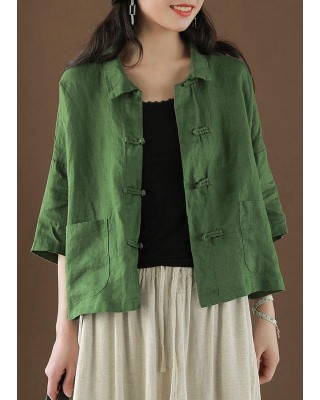 Beautiful Green Peter Pan Collar Pockets Summer Linen top