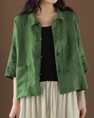 Beautiful Green Peter Pan Collar Pockets Summer Linen top