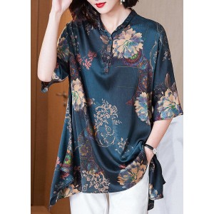 Italian Dark Blue Peter Pan Collar button Asymmetrical print Silk tops Spring