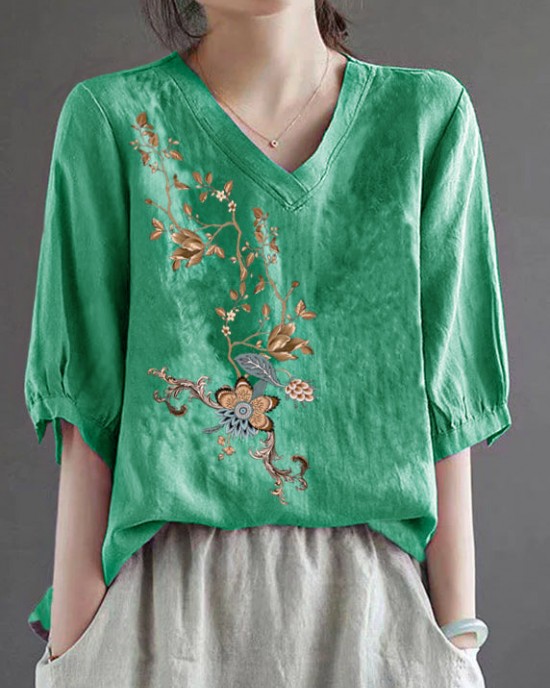 Purple V Neck Floral Embroideried T Shirt Half Sleeve Purple V Neck Floral Embroideried T Shirt Half Sleeve