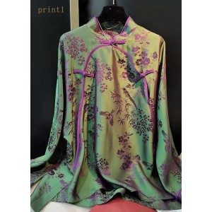 Elegant Green Stand Collar Patchwork Jacquard side open Silk Shirts Long Sleeved